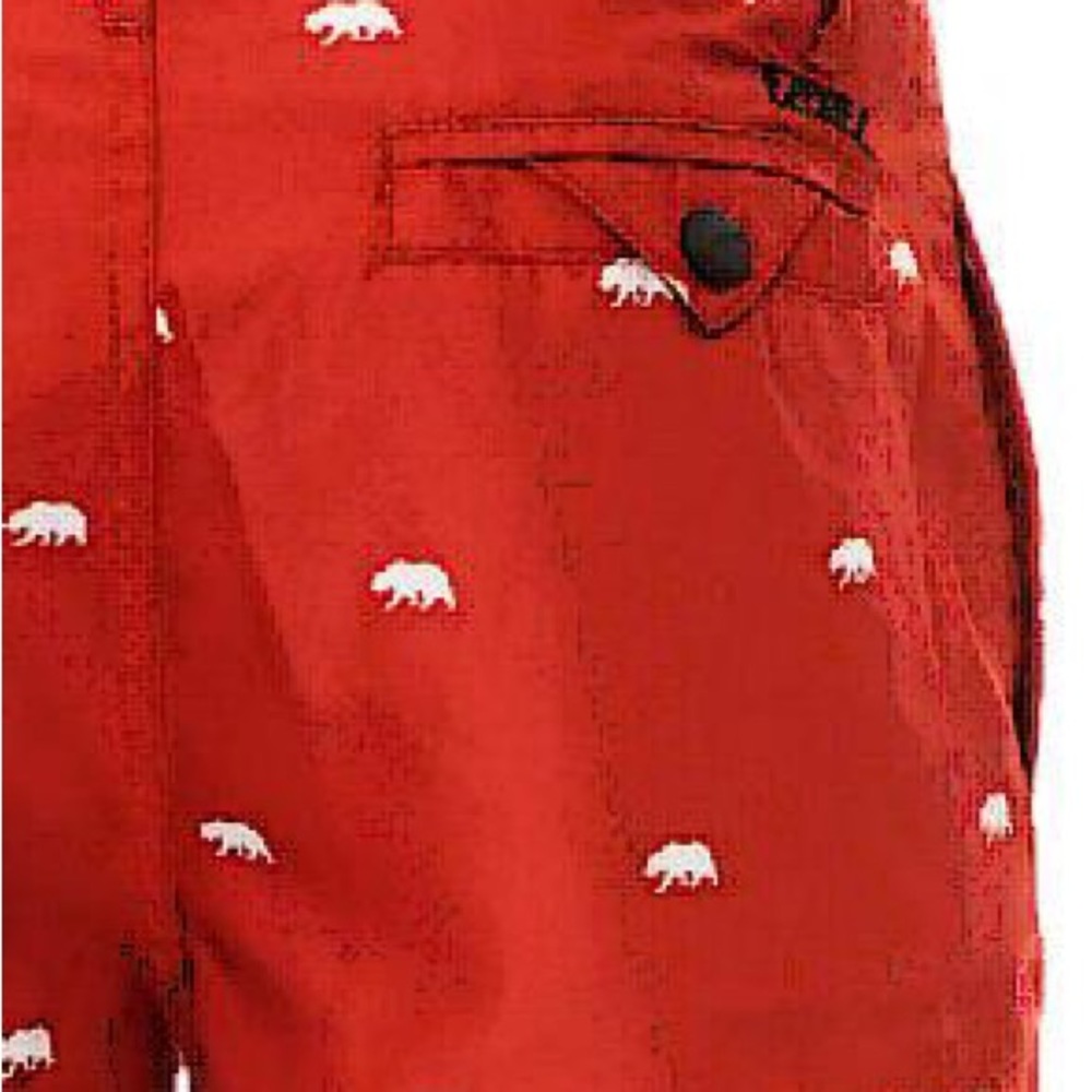 Men’s 34 Ezekiel Versa hybrid boardshorts in red with white bear pattern.